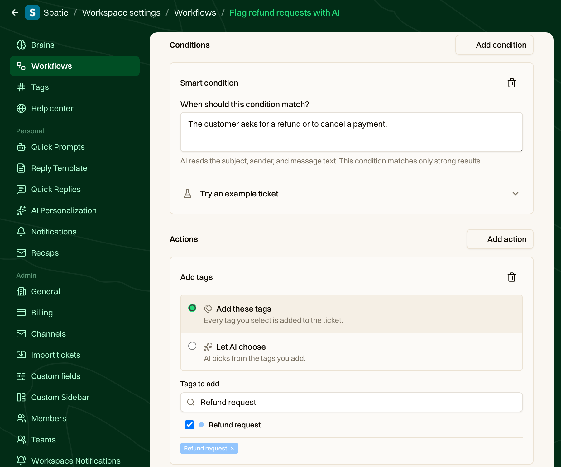A workflow with a smart condition that matches refund requests