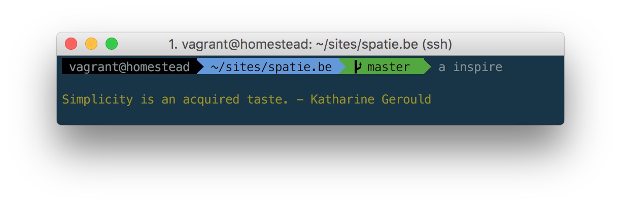 My custom zsh promt is visible inside homestead. The "a"-alias (short for "php artisan" is working)