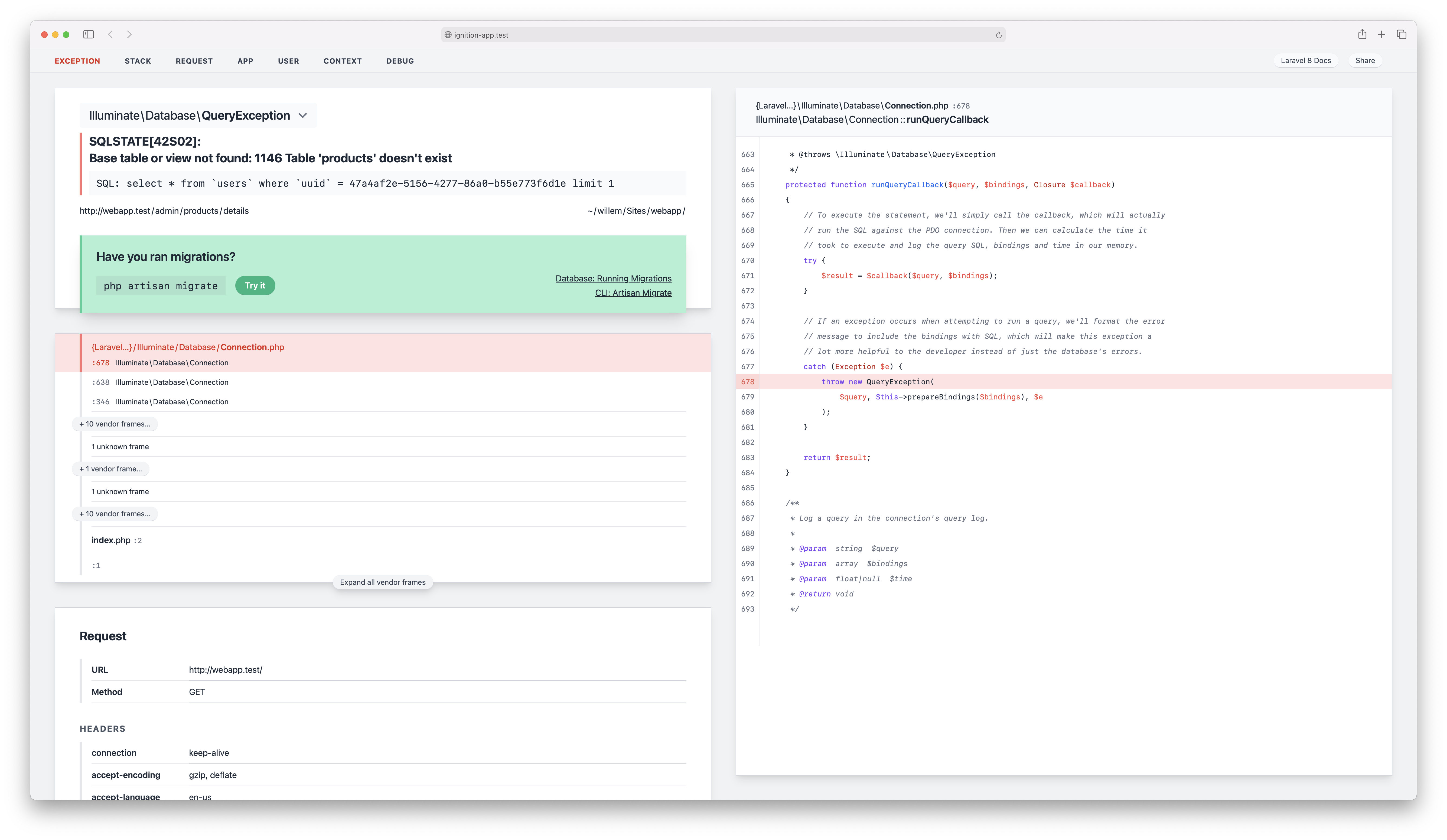 Ignition, the most beautiful error page for Laravel and PHP, got a major  redesign - Freek Van der Herten's blog on PHP, Laravel and JavaScript